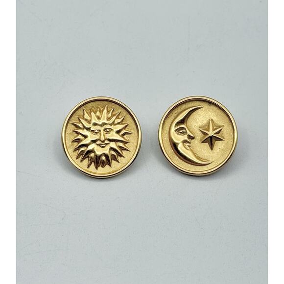 Vintage Ann Klein Sun Moon Celestial Matte Gold Tone Post Earrings 1” Diameter - Picture 1 of 6